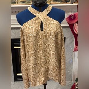 INC. Cold Shoulder snake print white and tan blouse, size L